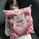 Grey Cat & Pink Heart Throw Pillow